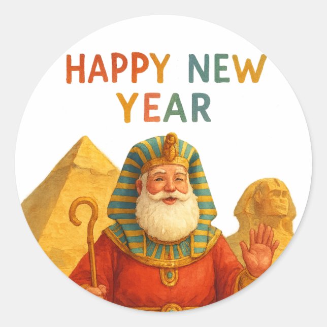 Adesivo Redondo Happy New Year Egyptian Santa Pharaoh Funny art  (Frente)