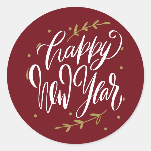 Adesivo Redondo Happy New Year Modern Calligraphy Wreath Burgundy (Frente)