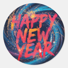 Adesivo Redondo Happy New Year Red sparkle script