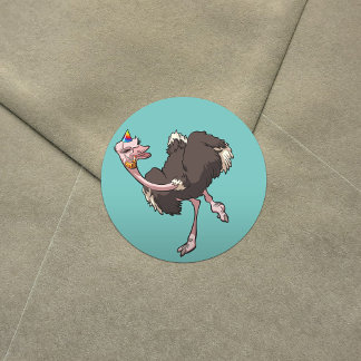 Adesivo Redondo Happy Ostrich Dancing in Party Hat Cartoon