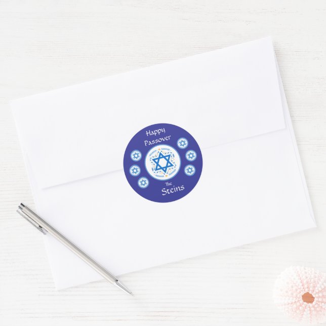 Adesivo Redondo Happy PASSOVER Blue Star of David NAME (Envelope)