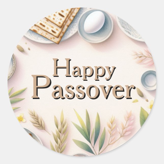 Adesivo Redondo Happy Passover Seder Plate - Watercolor Floral (Frente)