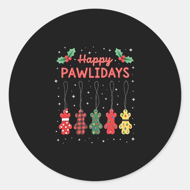 Adesivo Redondo Happy Pawlidays Funny Christmas Dog Paw Xmas Dogs  (Frente)