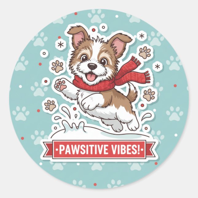 Adesivo Redondo Happy Puppy Winter Snow Sticker (Frente)