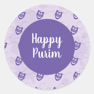 Adesivo Redondo Happy Purim - Padrão de máscara engraçada roxo