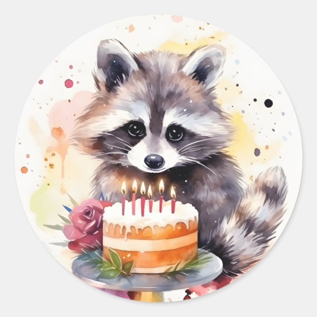 Adesivo Redondo Happy Raccoon com bolo de aniversário (Frente)