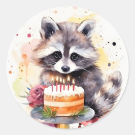 Adesivo Redondo Happy Raccoon com bolo de aniversário