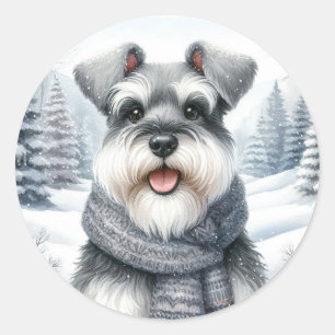 Adesivo Redondo Happy Schnauzer em Arte de Inverno Scarf