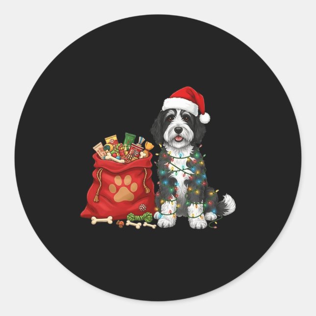 Adesivo Redondo Happy Sheepadoodle Christmas Lights Dog Mom Sheepa (Frente)