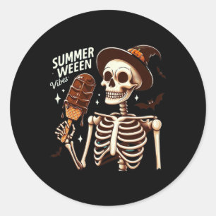 Adesivo Redondo Happy Summerween Vibes Skeleton Sorvete Verão H