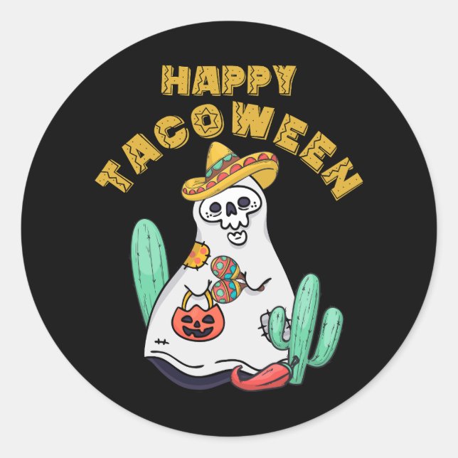 Adesivo Redondo Happy Tacobetween Halloween Ghost Taco Cinco Mexic (Frente)