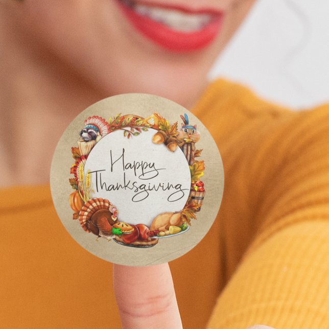 Adesivo Redondo Happy Thanksgiving Autumn Leaf Wreath Animals (Criador carregado)