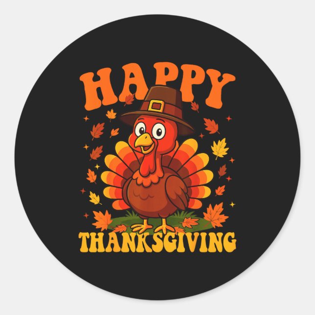 Adesivo Redondo Happy Thanksgiving Cute Turkey Family Dinner Thank (Frente)