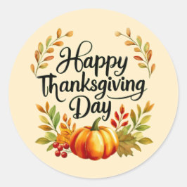 Adesivo Redondo Happy Thanksgiving Day Pumpkin and Leaves Sticker