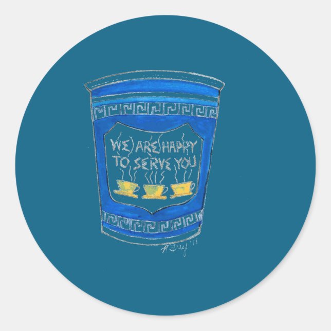 Adesivo Redondo Happy To Serve You Blue Greek Diner Coffee Cup Nyc (Frente)