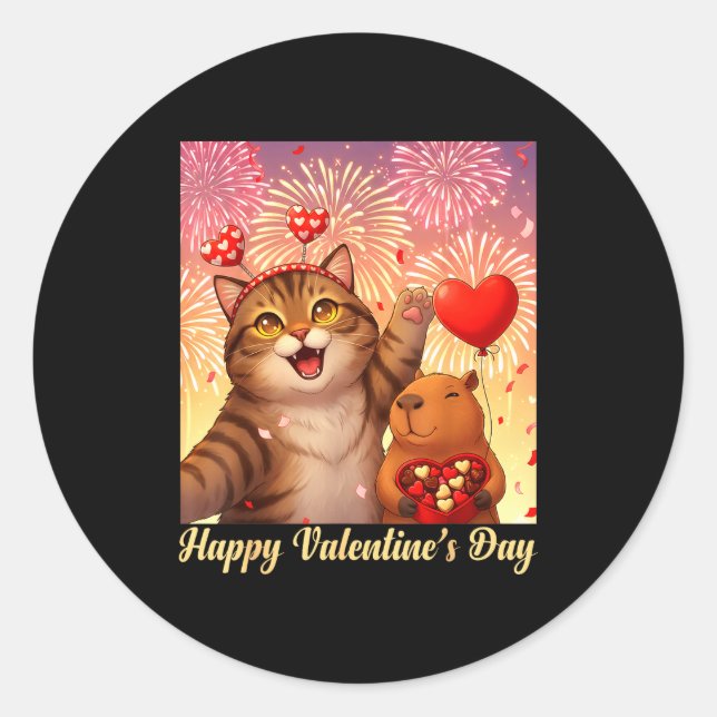 Adesivo Redondo Happy Valentines 2026 Cute Cat Capybara Party Art  (Frente)