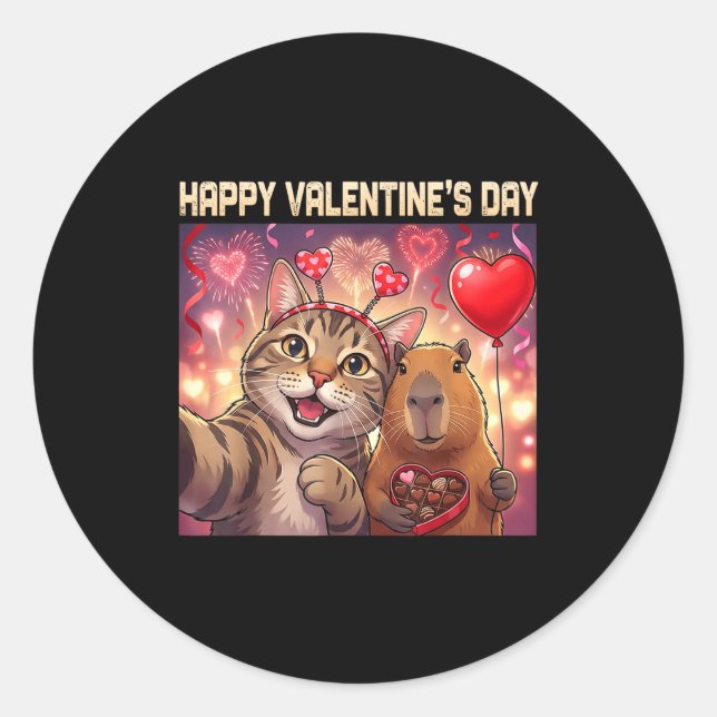 Adesivo Redondo Happy Valentines 2026 Cute Cat Capybara Party Art  (Frente)
