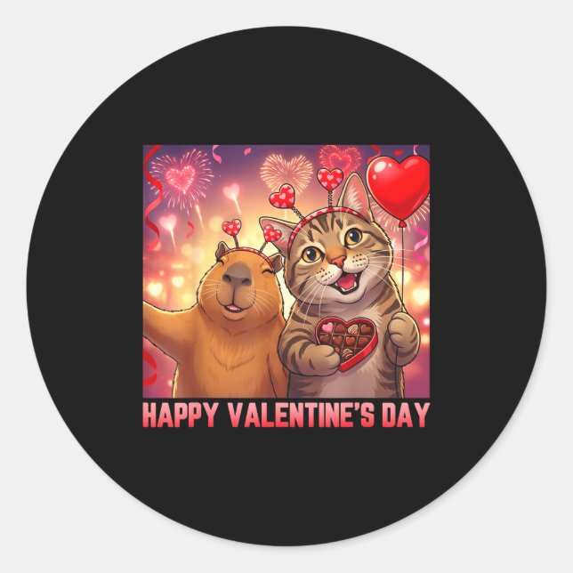 Adesivo Redondo Happy Valentines 2026 Cute Cat Capybara Party Art  (Frente)
