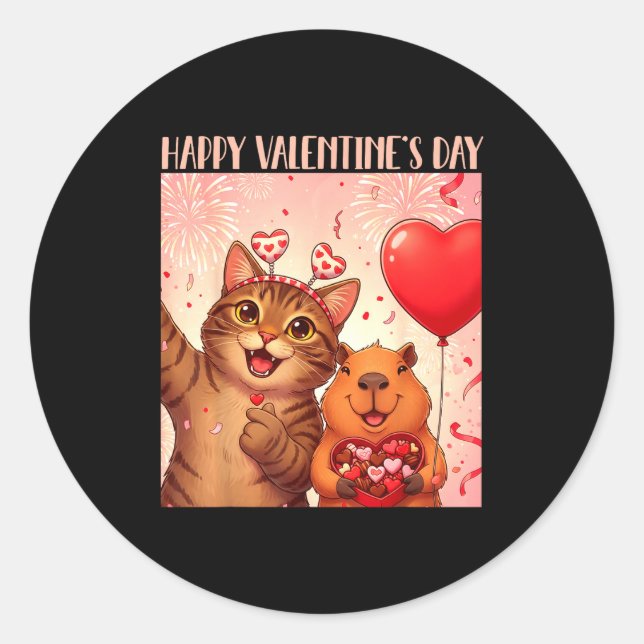 Adesivo Redondo Happy Valentines 2026 Cute Cat Capybara Party Art  (Frente)