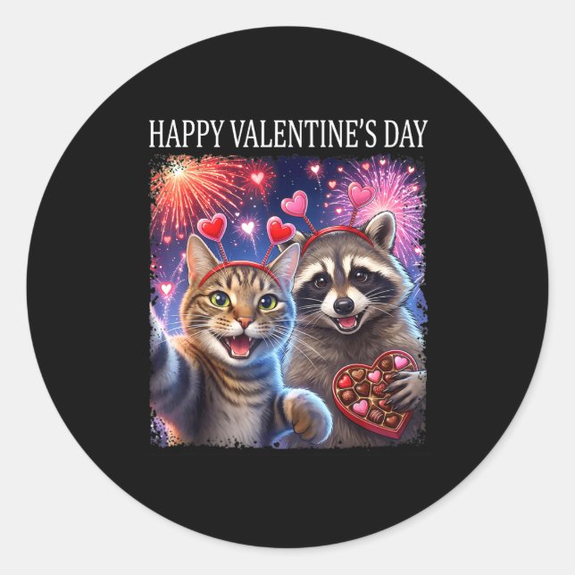 Adesivo Redondo Happy Valentines 2026 Cute Cat Raccoon Party Art  (Frente)