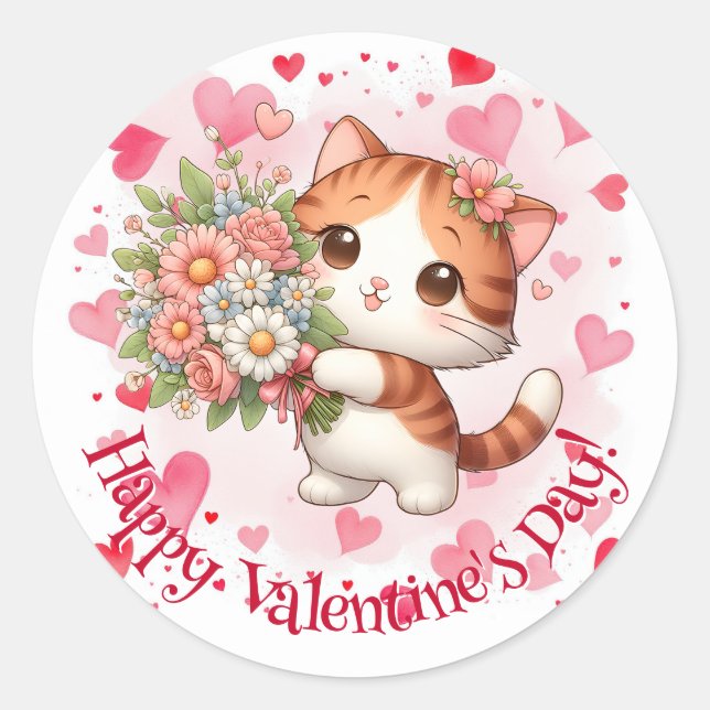 Adesivo Redondo Happy Valentine's Day Cute Kitty Hearts (Frente)