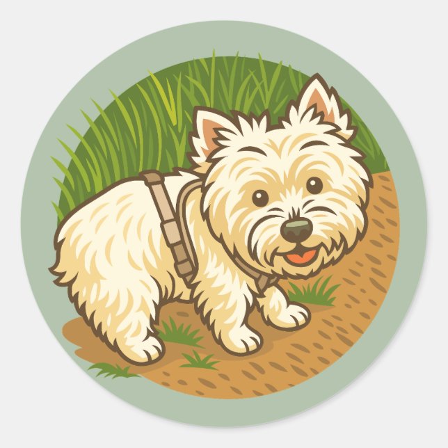 Adesivo Redondo Happy Westie on Nature Trail (Frente)