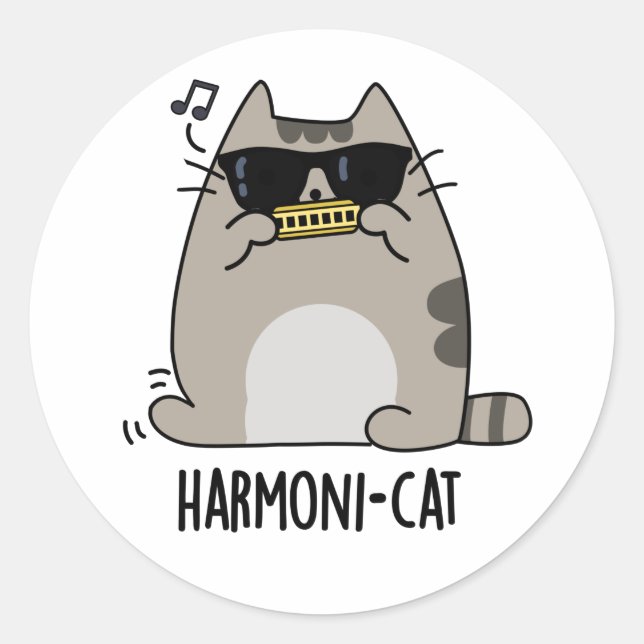 Adesivo Redondo Harmoni-cat Funny Harmonica Cat Pun (Frente)