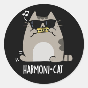 Adesivo Redondo Harmonia Funny Harmonica Cat Pun Dark BG
