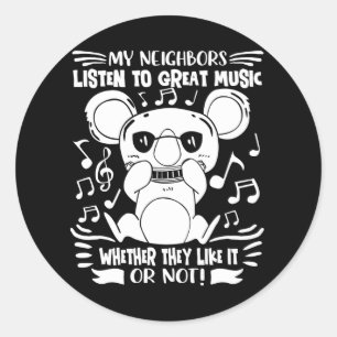 Adesivo Redondo Harmonica Kids Músico Koala com Harmonica