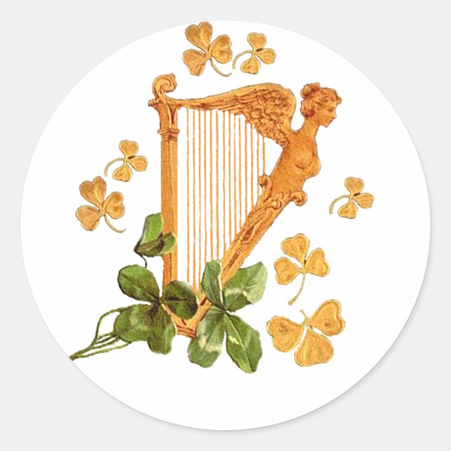 Adesivo Redondo Harp ouro e Shamrocks da Irlanda (Frente)