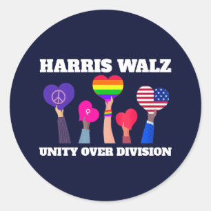 Adesivo Redondo Harris Walz Unity Over Division LGBTQ Dark Blue