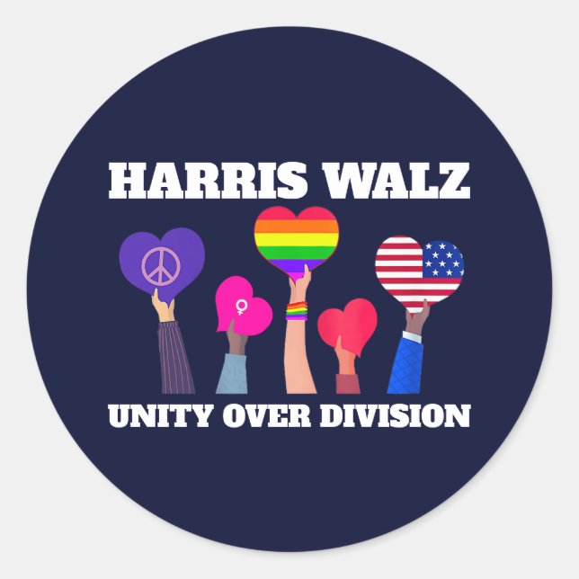Adesivo Redondo Harris Walz Unity Over Division LGBTQ Dark Blue (Frente)