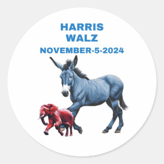 Adesivo Redondo Harris/Walz, votação azul, burro, elefante, eleiçõ