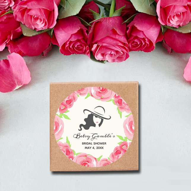 Adesivo Redondo Hat Watercolor Rosa Derby Chá de panela (Lady's Hat Pink Roses Derby Bridal Shower Round Party Favor Stickers)