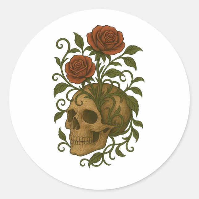 Adesivo Redondo Haunting Beauty  Skull and Roses Halloween Art (Frente)
