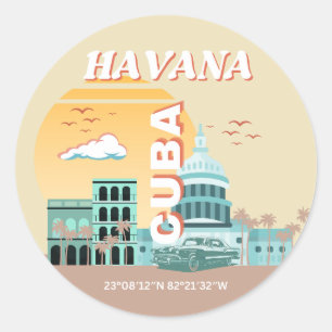 Adesivo Redondo Havana Cuba Retro Viagem Art