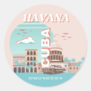 Adesivo Redondo Havana Cuba Retro Viagem Art
