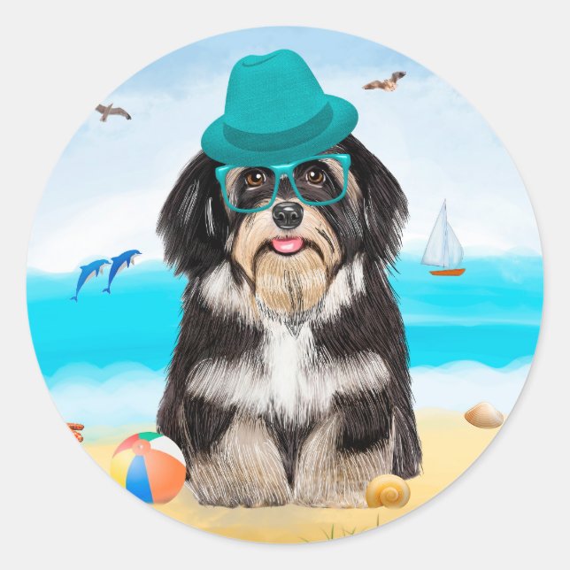 Adesivo Redondo Havanese Dog on Beach (Frente)