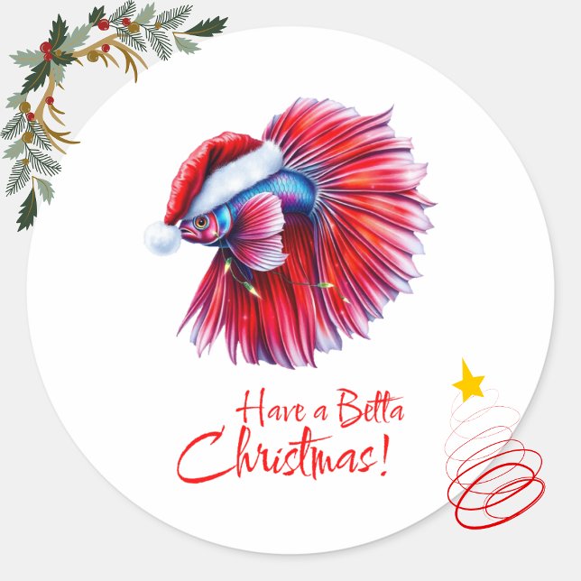 Adesivo Redondo Have a Betta Christmas Funny Santa Fish Lover Pun  (Criador carregado)