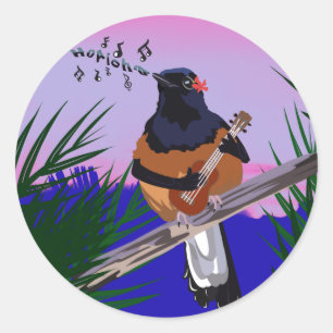 Adesivo Redondo Hawaiai Shama Bird tocando ukulele