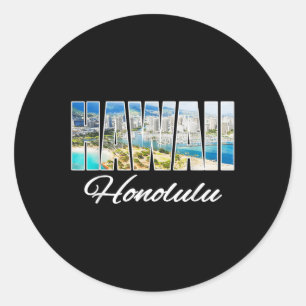 Adesivo Redondo Hawaii Honolulu Tee Beach, Ilha Havaiana