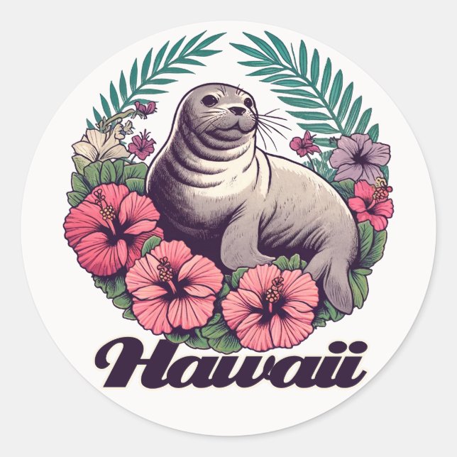 Adesivo Redondo Hawaii Retro Monk Seal Havaiano (Frente)