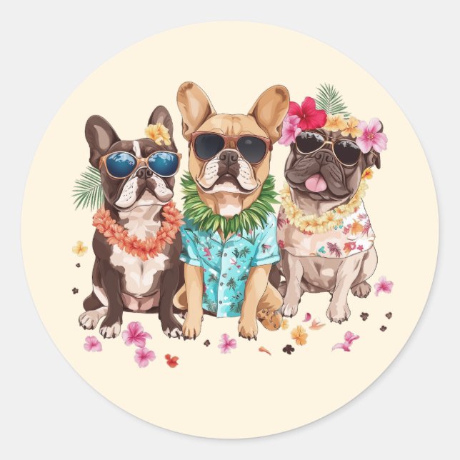 Adesivo Redondo Hawaiian French Bulldogs Flower Lei (Frente)
