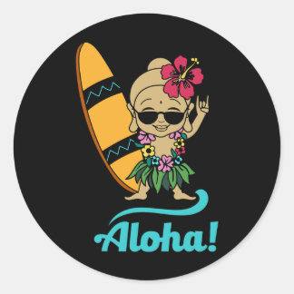 Adesivo Redondo Hawaiian Surfing Buddha Aloha Hawaii Beach Yoga 