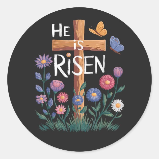 Adesivo Redondo He Is Risen Jesus Floral Christian Easter (Frente)