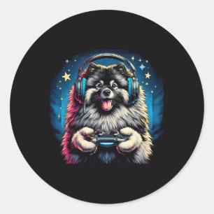Adesivo Redondo Headphone Jogo de Vídeo Keeshond Cachorro Jogos