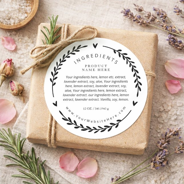 Adesivo Redondo Heart Laurel Wreath Ingredients Label Stickers (Heart Laurel Wreath Ingredients Label Stickers)