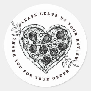 Adesivo Redondo Heart Pizza Black and White Let Review Obrigado