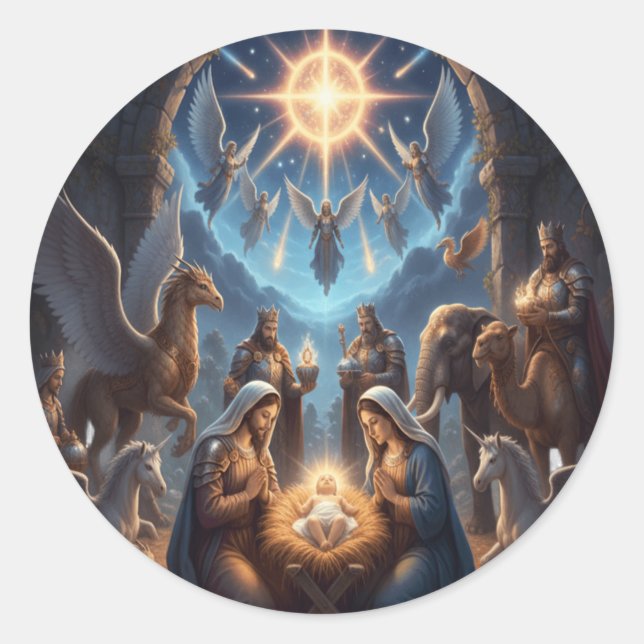 Adesivo Redondo Heavenly Nativity – Mythical Christmas Scene Stic (Frente)