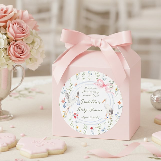 Adesivo Redondo Heirloom Rose Bow and Stork Baby Shower Thank You (Criador carregado)